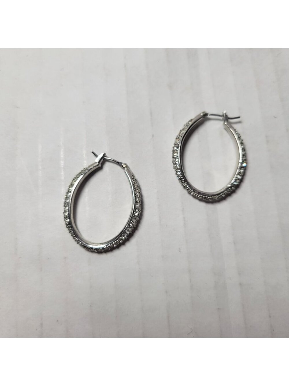 Monet Silver-Tone Classic Lightweight Oval Hoop Earrings With Clear Rhinestones